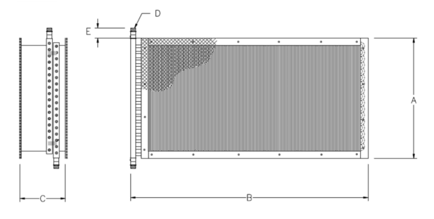 Technical drawing of a rectangular object with dimensions B and D labeled.