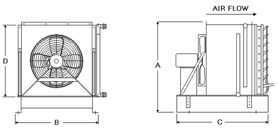 Technical drawing of a fan unit with labeled dimensions.